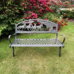 100% Cast Iron Garden Bench With Horses And Tree
