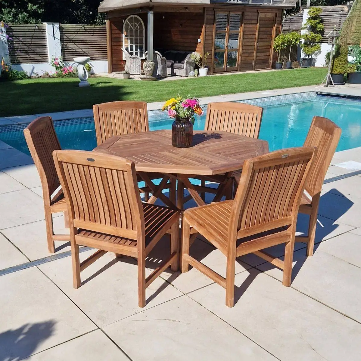 1.2m Teak Octagonal Folding Table With 6 Marley Chairs 2 1.2m Teak Octagonal Folding Table With 6 Marley Chairs - Image 2