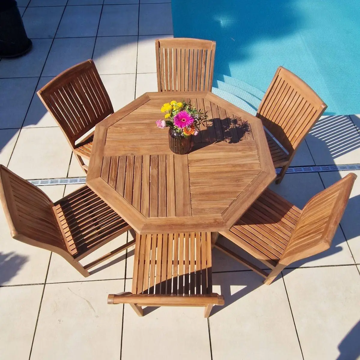 1.2m Teak Octagonal Folding Table With 6 Marley Chairs 1 1.2m Teak Octagonal Folding Table With 6 Marley Chairs
