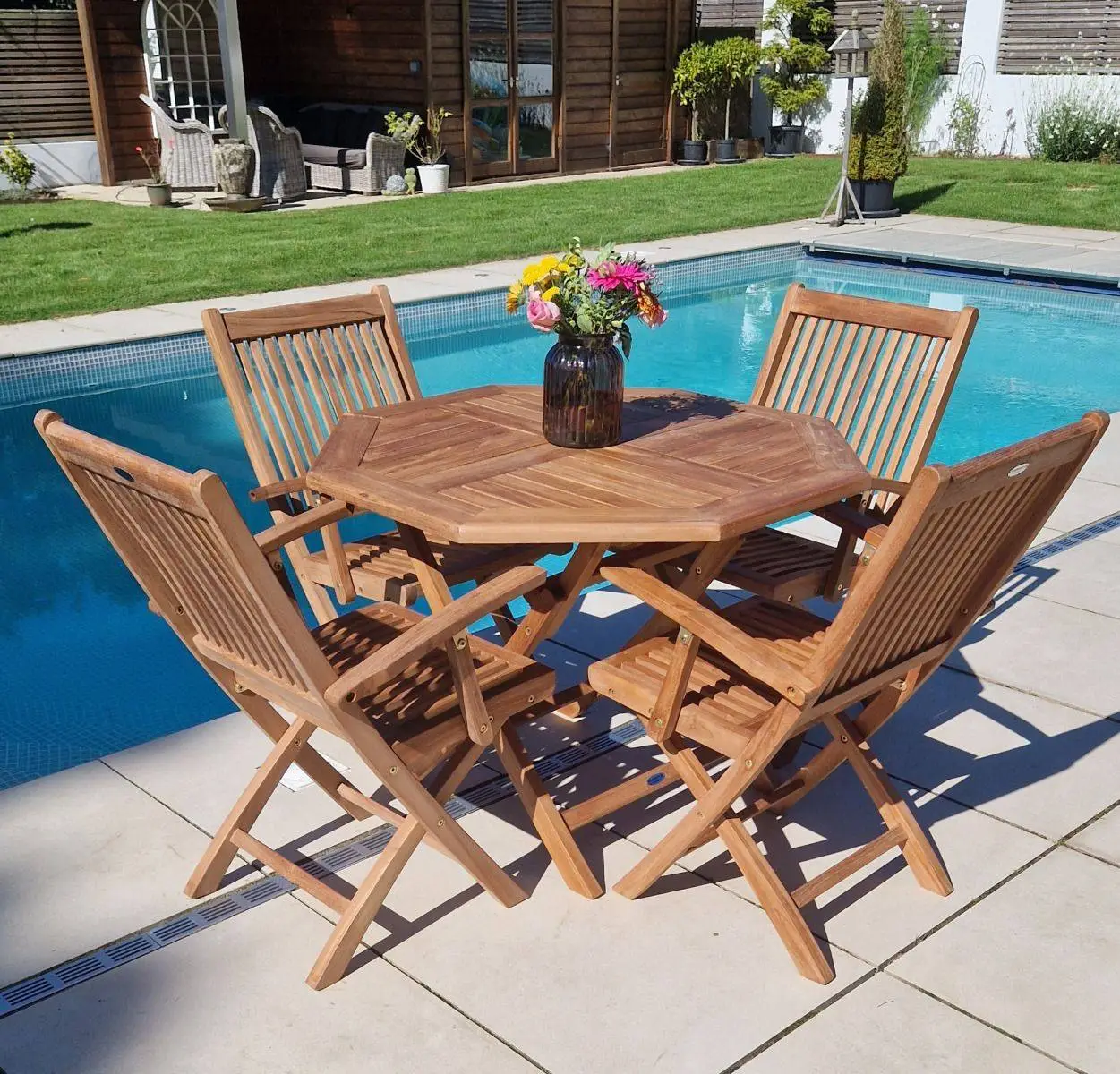 1m Teak Octagonal Folding Table With 4 Kiffa Folding Chairs / Armchairs 2 1m Teak Octagonal Folding Table With 4 Kiffa Folding Chairs / Armchairs - Image 2