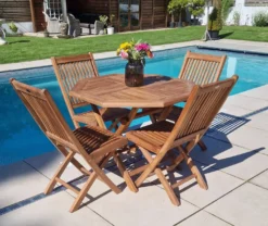 1m Teak Octagonal Folding Table With 4 Kiffa Folding Chairs / Armchairs