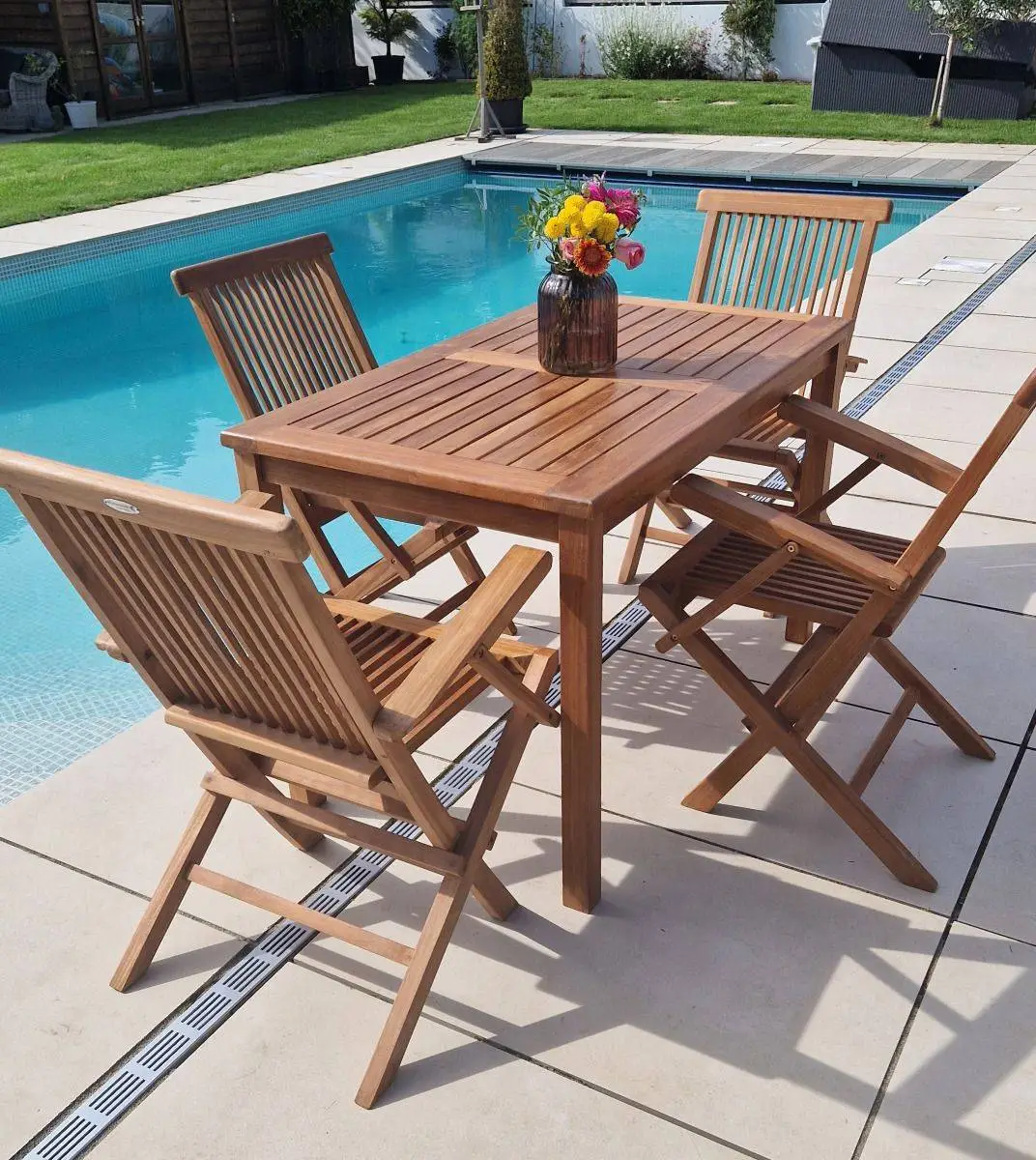 1.2m Teak Rectangular Fixed Table With 4 Classic Folding Chairs / Armchairs 2 1.2m Teak Rectangular Fixed Table With 4 Classic Folding Chairs / Armchairs - Image 2