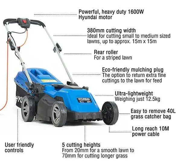 Hyundai 38cm Corded Electric 1600w 230v/240v Roller Mulching Lawnmower | HYM3800E 2 Hyundai 38cm Corded Electric 1600w 230v/240v Roller Mulching Lawnmower | HYM3800E - Image 2